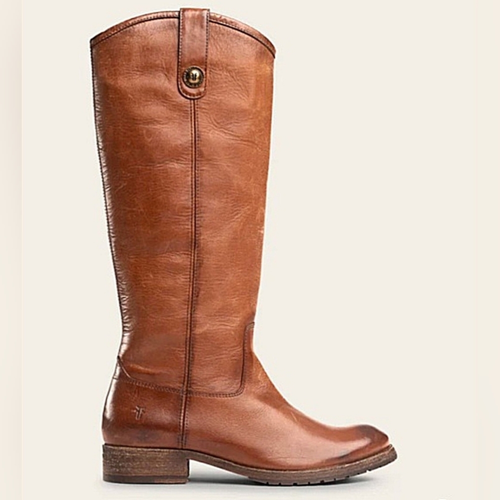 Frye "Melissa Button" Tall Riding Boots Cognac Brown Leather | Women's Size 5.5B